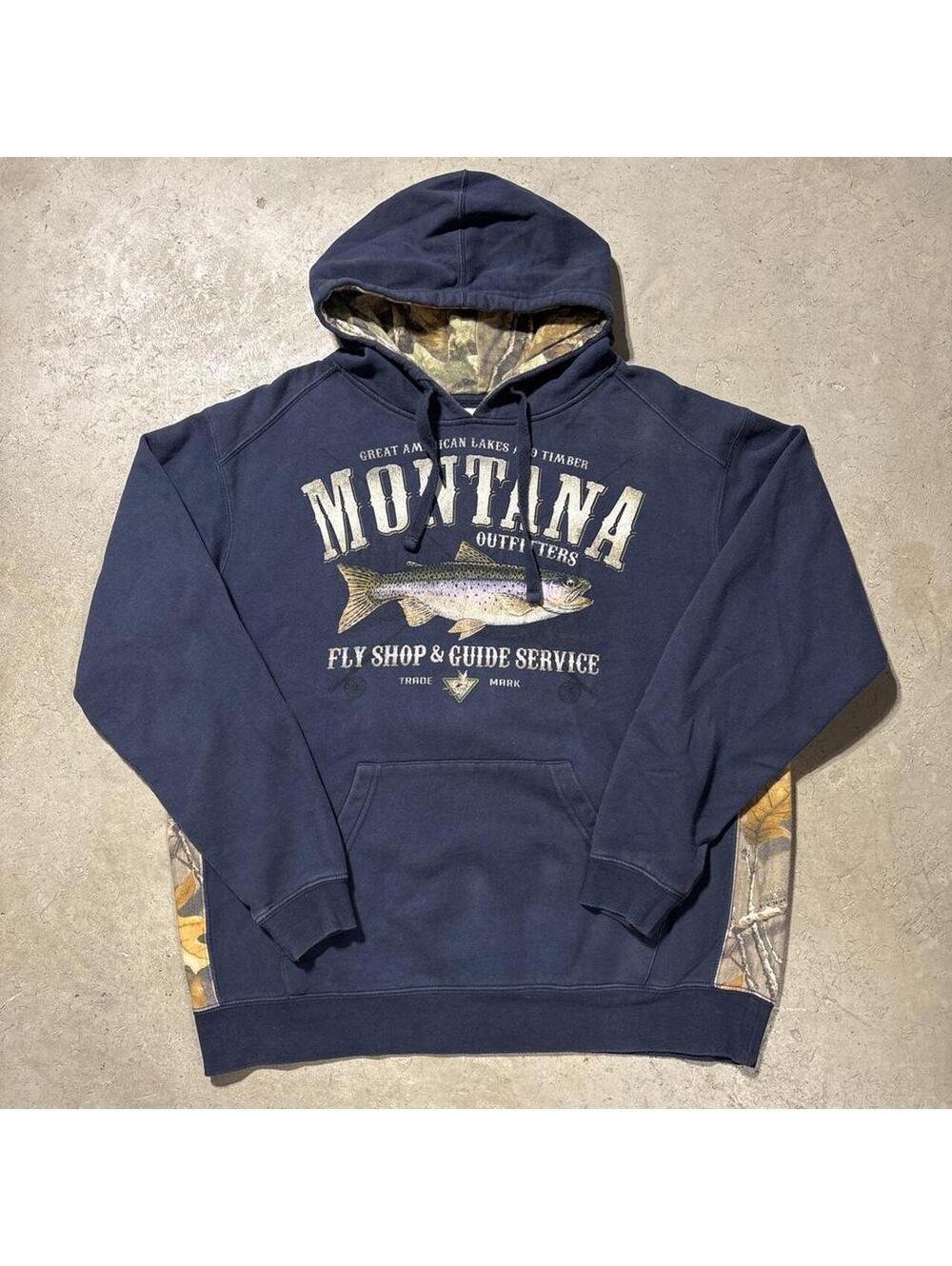 Vintage Y2K Galt Outdoor Montana Outfitters Fishing Hoodie Navy Mens L Trout
